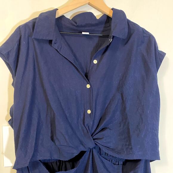Old Navy Blue Short Sleeve Twist Front Cutout Midi Shirt Dress Linen Blend Sz 2X - Picture 3 of 13